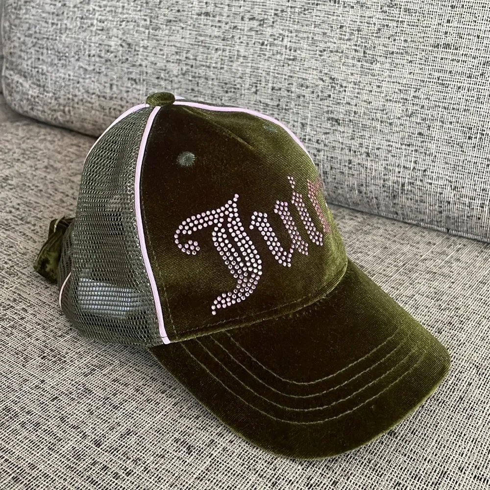 Juicy Couture Olive Green Velour Velvet Baseball Cap with Pink Crystal Logo‎